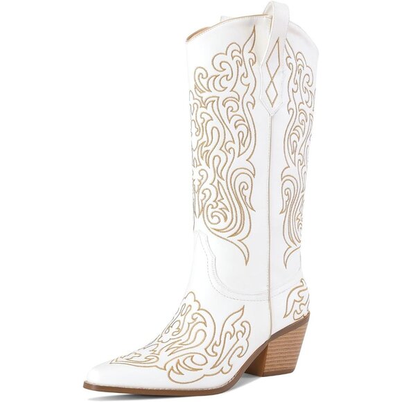 Shoes - Women White Knee High Boots Cowgirl Boots Cowboy Tall Boots Western Wide Calf